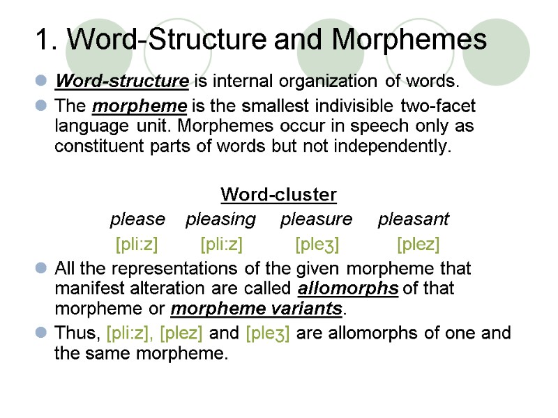 1. Word-Structure and Morphemes Word-structure is internal organization of words.  The morpheme is
